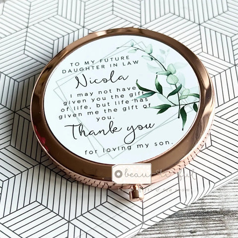 Personalised To my future wonderful daughter in law Thank you Quote Modern Greenery Rose Gold Compact Mirror