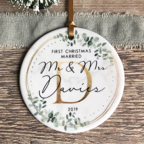 Personalised First Christmas Married As Mr Mrs Eucalyptus Marble style Ceramic Ornament Decoration