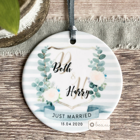 Personalised Just Married Mr & Mrs Wedding Floral Greenery Crest Ceramic Keepsake