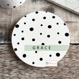 Personalised Name Polka Dot Ceramic Round Coaster