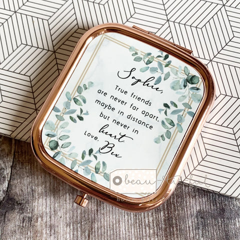 Personalised True friends are never far apart… Quote Eucalyptus Greenery Rose Gold Square Compact