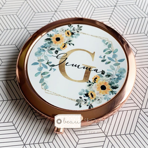 Personalised Initial and Name Sunflower Floral Compact Mirror