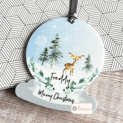 Personalised Merry Christmas Woodland Deer Acrylic snow globe shape Christmas Decoration Ornament