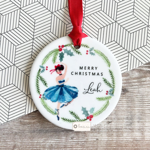 Personalised Merry Christmas Nutcracker theme dancer Holly Wreath Greenery Ceramic Round Decoration