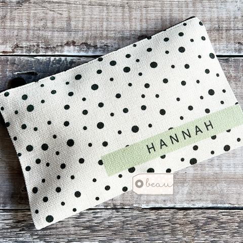 Personalised Name .. Polka Dot Design Linen Style Make Up Bag