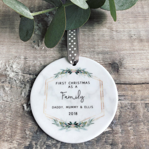 Personalised First Christmas as A Family Marble Style Quote Botanical Ceramic Round Decoration Ornament Keepsake