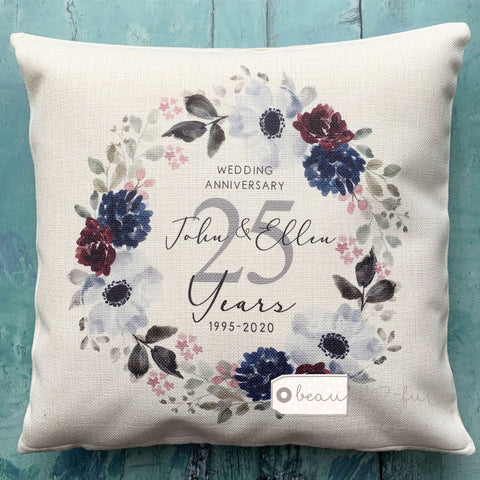 Personalised Mr Mrs Wedding Anniversary .. Floral Greenery Wreath Design  Cushion