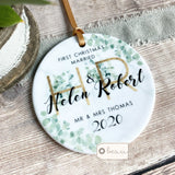 Personalised First Christmas Married Mr Mrs Wedding Marble Style Botanical Ceramic Keepsake