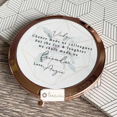 Personalised Chance made us colleagues  Friend Quote Floral Greenery Rose Gold Compact Mirror
