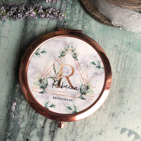 Personalised Initial and Name Bridesmaid Geometric Botanical Design Rose Gold Compact Mirror