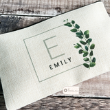 Personalised Name and Initial.. Greenery Design Linen Style Make Up Bag
