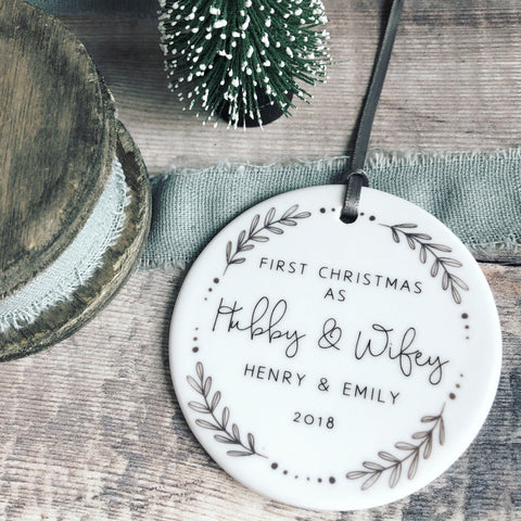 Personalised First Christmas as Hubby and Wifey Monochrome Wreath Ceramic Round Decoration Ornament Keepsake