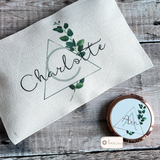 Personalised Name and Initial.. Modern Geometric Greenery Design Linen Style Make Up Bag