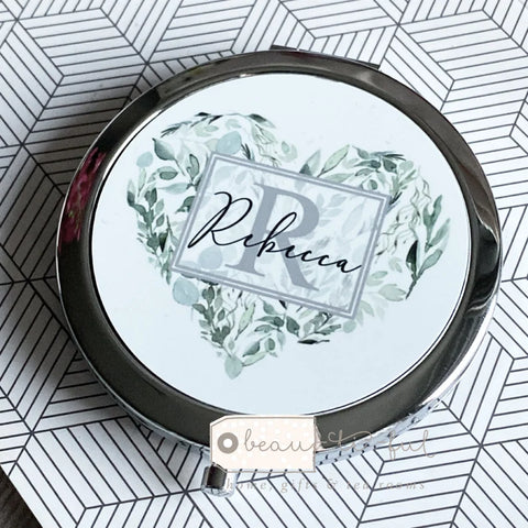 Personalised Initial and Name Eucalyptus Heart Design Compact Mirror