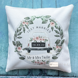 Personalised Just Married Mr Mrs Newlywed Wedding Car Pink Floral Greenery Linen Style Cushion cover