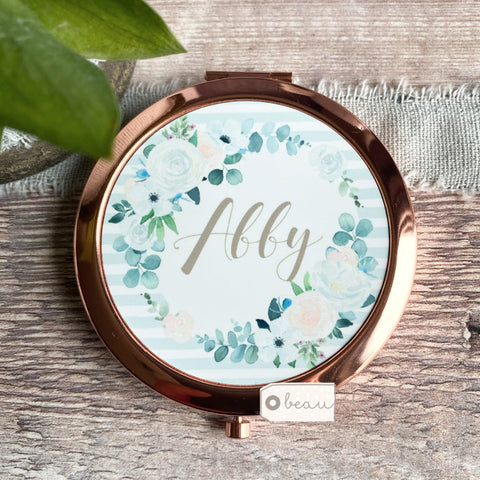 Personalised Name Floral Greenery Rose Gold Compact Mirror