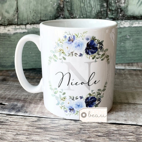 Personalised Name and Initial Mug with Blue Bouquet Floral Greenery Detail