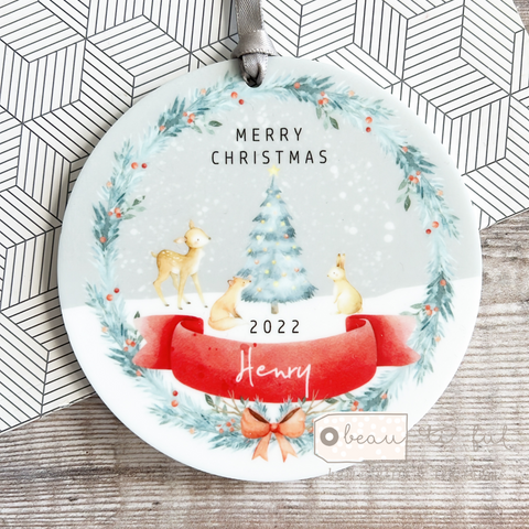 Personalised Merry Christmas Tree woodland animals Gift Boy Girl Acrylic Round Decoration