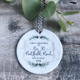 Personalised First Christmas at Address New Home Marble Style Quote Botanical Ceramic Round Decoration Ornament Keepsake