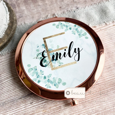 Personalised Initial and Name Eucalyptus Greenery  Compact Mirror