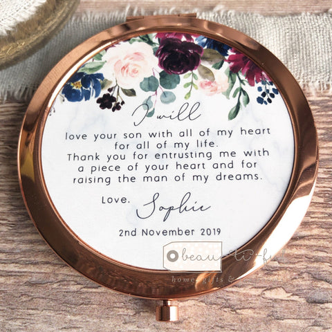 Personalised Mother of Groom Bride Thank you from Bride Groom Quote Burgundy Navy Rose Gold Compact Mirror