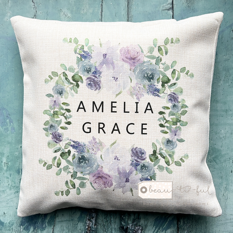 Personalised Name and Initial Lilac Floral Wreath Design cushion