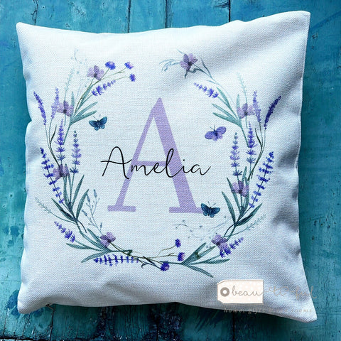 Personalised Lilac Wildflower Floral Name and Initial Cushion