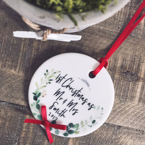 First Christmas as Mr & Mrs Mr & Mr Mrs & Mrs Botanical Round Ceramic Tree Hanger Decoration Ornament