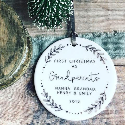 Personalised First Christmas as Grandparents Monochrome Wreath Ceramic Round Decoration Ornament Keepsake