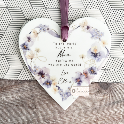 Personalised To the world you are a.... Mum Nanna Nanny Grandma lilac Floral Design Acrylic heart Keepsake