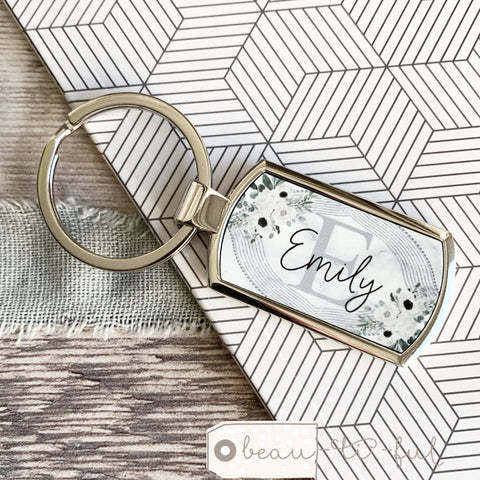 Personalised Name Frame Floral Foliage Greenery Design Rose Gold Silver Key Ring Gift
