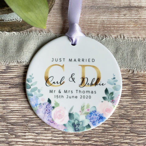 Personalised Just Married Mr & Mrs Wedding Lilac Floral Greenery Ceramic  Keepsake