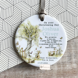 Personalised Christening Baptism Godson Goddaughter Promise Woodland Animal Greenery Ceramic Round Decoration Ornament Keepsake