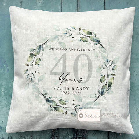 Personalised Wedding Anniversary Foliage Greenery Wreath Design New Home Quote Linen Style Cushion