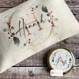 Personalised Name and Initial.. Holly Foliage Greenery Design Linen Style Make Up Bag