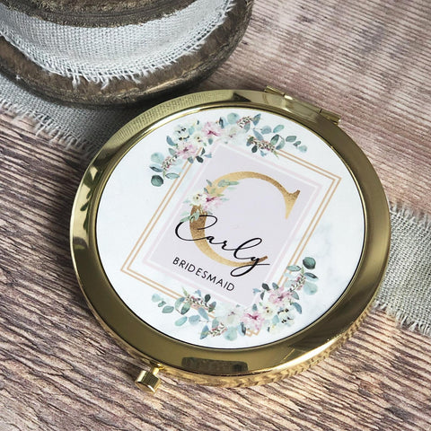 Personalised Initial and Name Pink Floral Design Rose Gold Compact Mirror