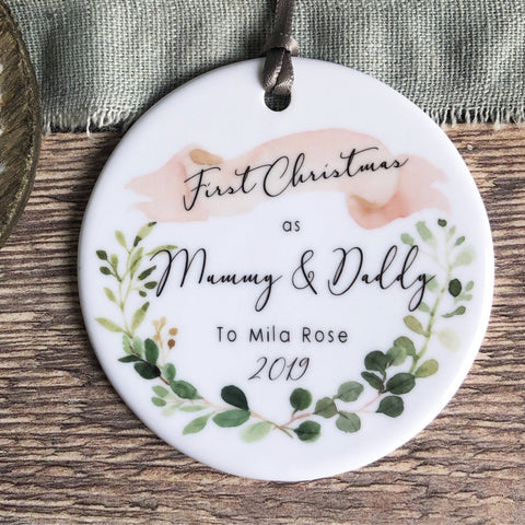 Personalised First Christmas as Mummy And Daddy to... New Parents Eucalyptus Banner ceramic ornament keepsake Decoration