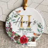 Personalised Baby’s First Christmas Robin traditional wreath Ceramic round Tree ornament Decoration