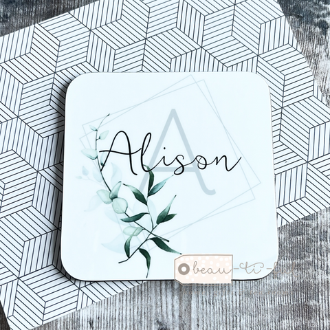 Personalised Name & Initial .. Modern Greenery Wreath Design coaster