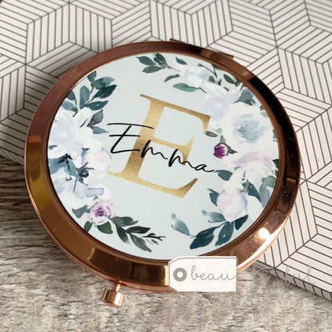Personalised Initial and Name White Pink Floral Wreath Rose Gold Compact Mirror