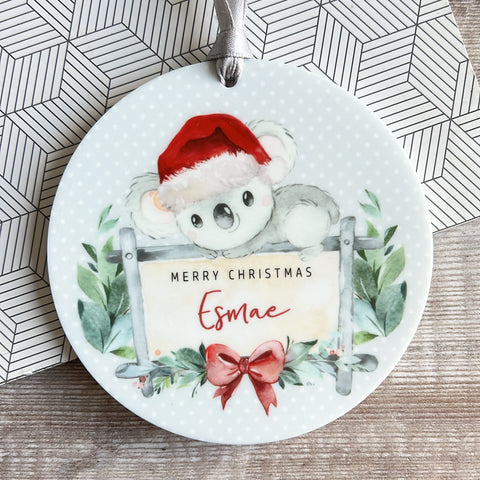 Personalised Merry Christmas Koala Gift Boy Girl Acrylic Round Decoration