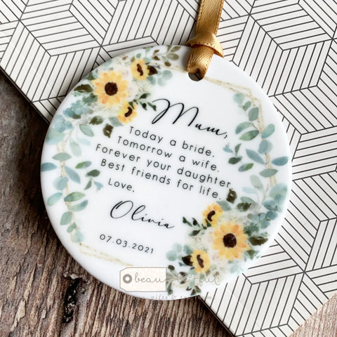 Personalised Today a Bride Mother of Bride Thank you Quote Sunflower Wreath Ceramic Keepsake