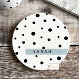 Personalised Name Polka Dot Ceramic Round Coaster
