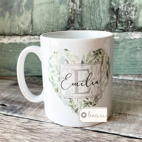 Personalised Name and Initial Mug with Eucalyptus Heart Detail