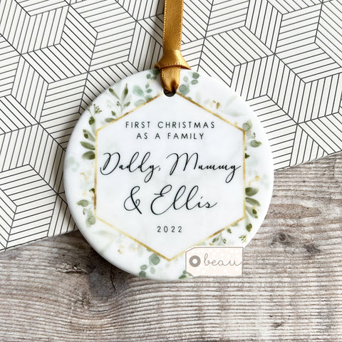 Personalised First Christmas as a Family Mummy Daddy Geo Greenery Ceramic Round Decoration
