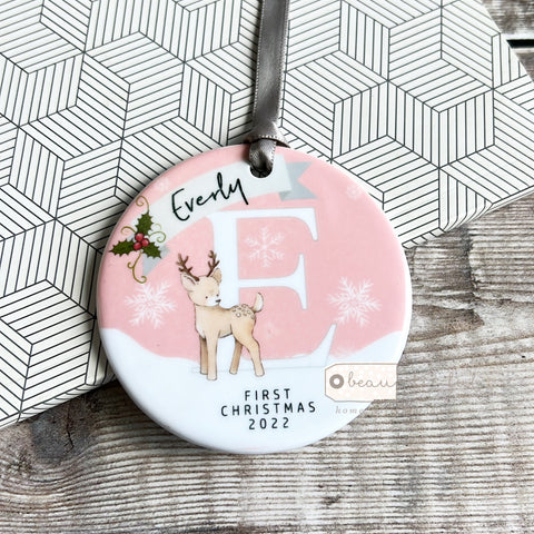 Personalised Baby’s First Christmas New Baby Boy Girl Newborn Snowflake deer Ceramic Round Decoration