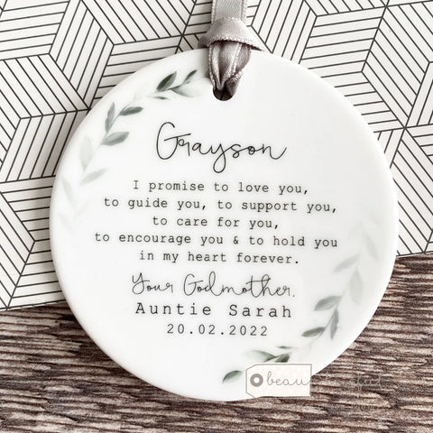 Personalised Christening Baptism Godson Goddaughter Promise Botanical Ceramic Round Decoration Ornament Keepsake