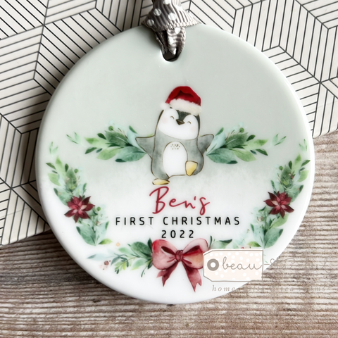 Personalised First 1st Christmas Penguin Gift Boy Girl Acrylic or ceramic Round Decoration