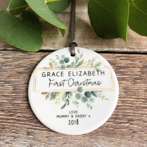 Personalised Baby’s First Christmas Framed Greenery Ceramic Round Decoration Ornament Keepsake