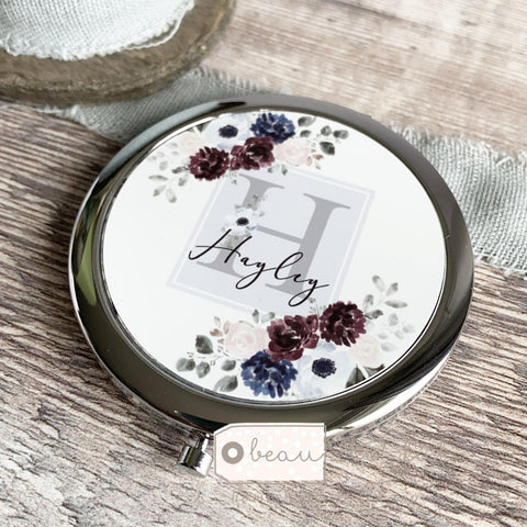 Personalised Initial and Name Navy Grey Burgundy Floral Compact Mirror